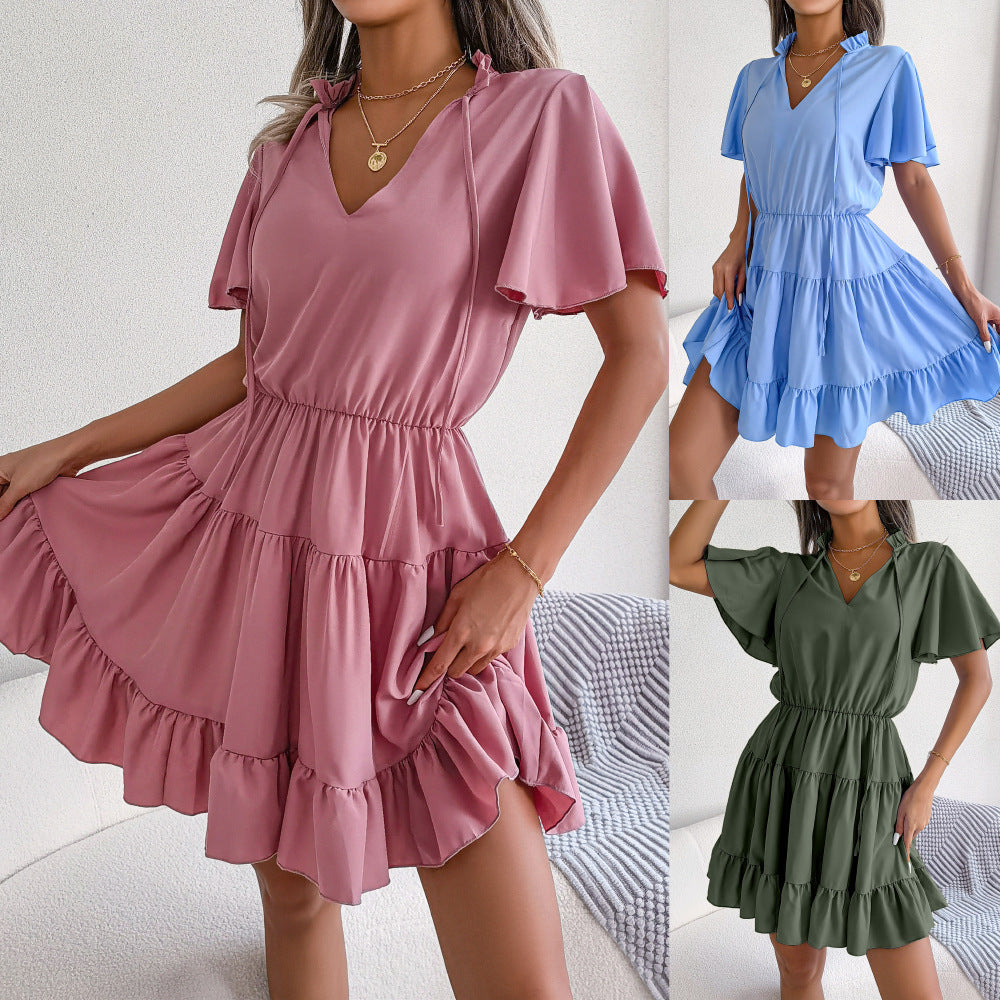 Primavera Verano cinta con volantes dobladillo grande línea A vestido de Color sólido ropa de mujer