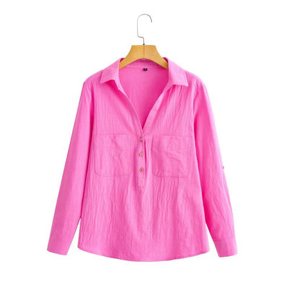 Summer New Three-Color Slub Cotton Long-Sleeved Shirt Mid-Length Pullover Top