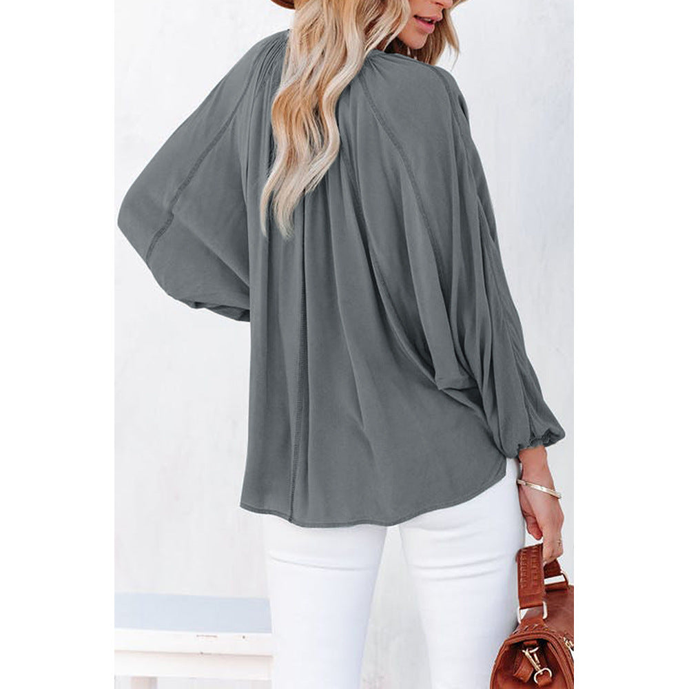 Spring Autumn V neck Long Sleeve Top Women Solid Color Loose Fitting T shirt