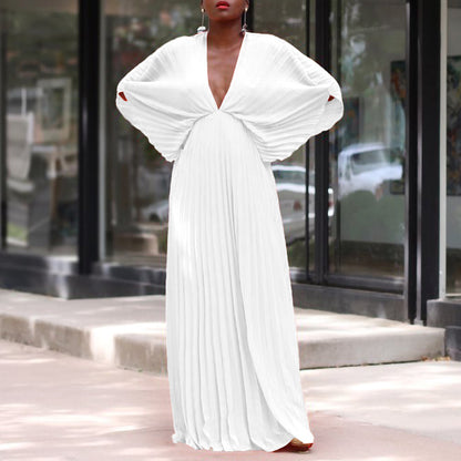 Ropa de mujer Vestido plisado informal suelto con cuello en V y manga de murciélago de verano