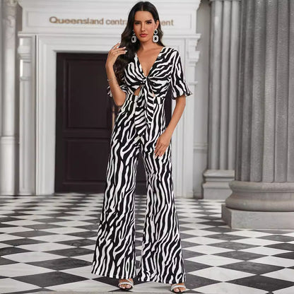 Women Clothing One Piece Trousers Zebra Pattern High Waist Hollow Out Cutout Out Lace Up Trousers Deep V Plunge Sexy Jumpsuit