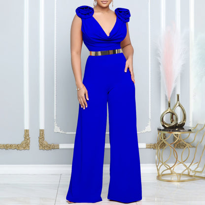 Women Clothing V Neck Sexy Wide Leg Pants Solid Color Turtleneck Sleeveless Fitted Waist Jumpsuit