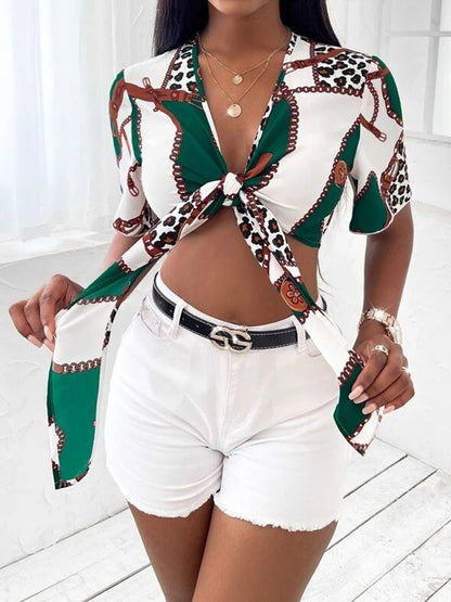 Women Clothing Shirt Bow Lace-up Sexy Shirt Summer Short Sleeve Printed Top