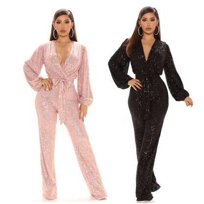 Women Clothing Sexy V-neck Sequined One-Piece Wide Leg One-Piece Trousers