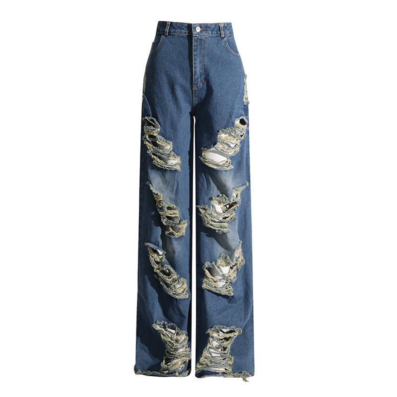 Personalized Jeans Autumn Winter All Match Ripped Worn Straight Long Wide Leg Pants Women