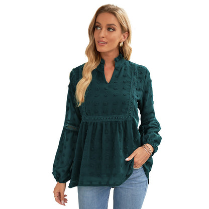 Lace Chiffon Shirt for Women Spring Autumn Solid Color Fur Ball V neck Puff Sleeve Long Sleeve Top