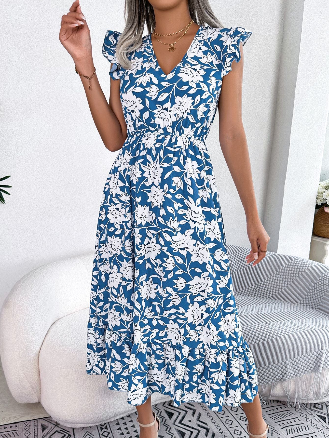 Spring Summer Casual Wooden Ear Floral Waist Slimming Maxi Dress Holiday Dress Women Clothing