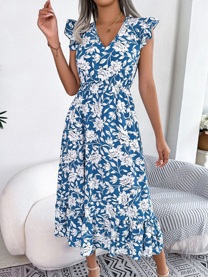 Frühling Sommer Casual Holz Ohr Floral Taille Abnehmen Maxi Kleid Urlaub Kleid Frauen Kleidung