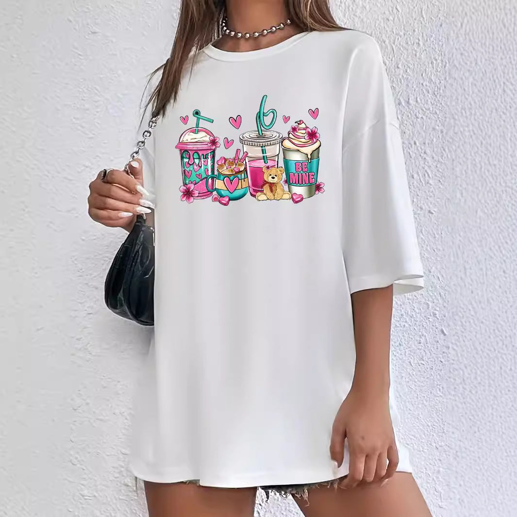 Sommer Damen Casual All Match Rundhals Cartoon Getränke Druck Kurzarm Lose T-Shirt