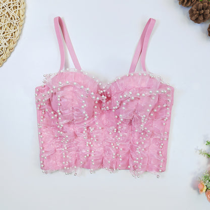 Organza Stitching Lace Ruffled Wrapped Chest Slim Elastic Pearl Lace Sling Outer Wear Elegant Tube Top