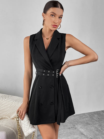 Women Clothing Black Sleeveless Premium Belt Double Breasted Business Dress