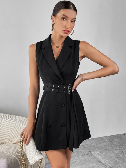 Damen Kleidung Schwarzes ärmelloses Premium Gürtel Zweireihiges Business Kleid