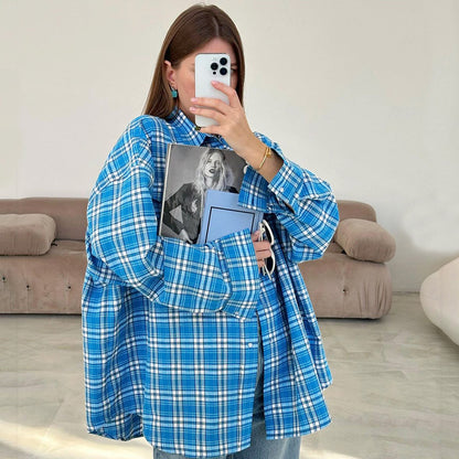 Loose Plaid Retro Bandage Dress Turn Down Collar Blue Long Sleeve Casual Shirt Autumn Cardigan