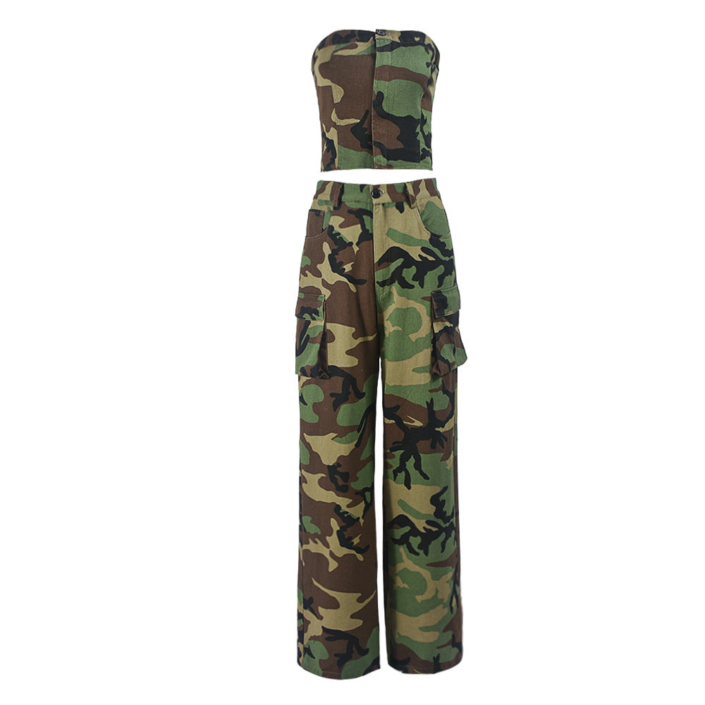 Frauen Camouflage Browsing Wrapped Brust Anzug Personalisierte Stretch Elastische Zurück Taille Hose Anzug Frauen