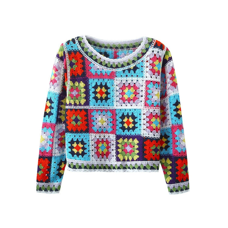 Retro Ethnic Color Crocheted Contrast Color Blouse Autumn Tops Cool Long Sleeve Knitwear for Women