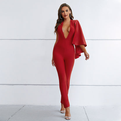 Damen Jumpsuit mit tiefem V-Ausschnitt, Neckholder, Skinny-Hose, gepolsterte Schulterpartie, Jumpsuit-Bodysuit