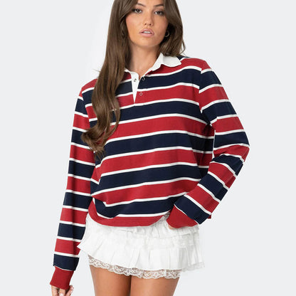 Sudadera holgada de manga larga con cuello tipo polo multicolor informal para mujer, otoño e invierno