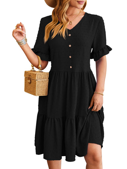 Women Clothing Spring Summer V neck Jacquard Waist Tight Five Quarter Sleeve Pleated Dress