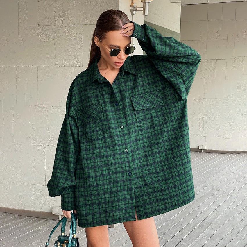 Women Clothing Retro Plaid Shirt Green Boyfriend Mid Length Loose Oversize Shirt