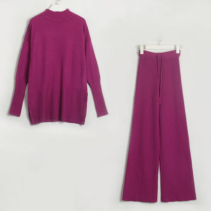 Women Clothing Two Piece Set Solid Color Half Collar Knitting Sets