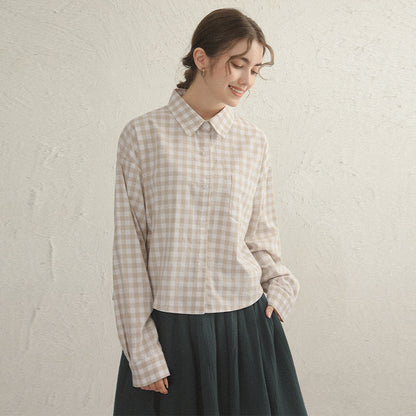 Camisa corta a cuadros de primavera, camisa de manga larga de algodón de lino Retro de nicho, se puede usar sola apilada para mujeres de moda