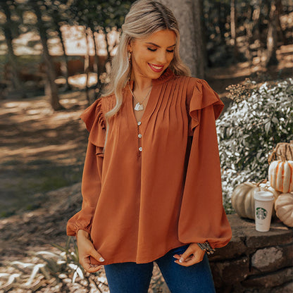 Shirt Women Long Sleeve V neck Pullover Lantern Sleeve Loose Ruffles Solid Color Buttons Top Women