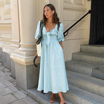 Vestido elegante francés de verano, vestido Sexy de lino y algodón con corte bajo y cuello en V, manga abombada y cintura alta