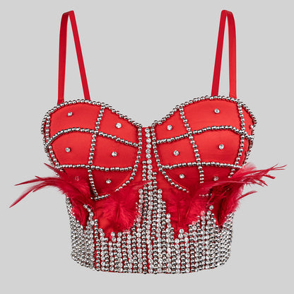 Sexy Handmade Rhinestone Feather Nightclub Bar Women Boning Corset Bra Sling