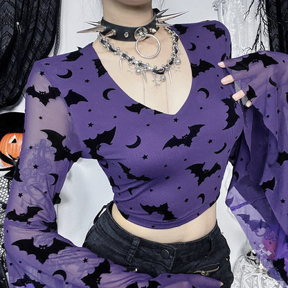 Persönlichkeit Slim Fit Fledermaus Beflockung V-Ausschnitt Langarm Frauen Halloween Sexy Top