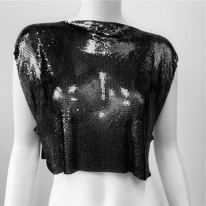 Women Clothing Spring Summer Sequined Metal Top Personality Hipster Punk Vest Music Festival Sequined T Shirt