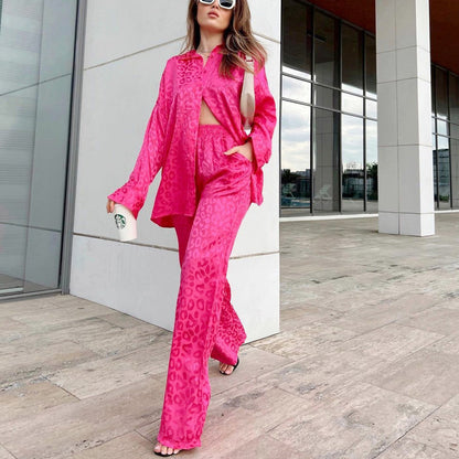 Women Leopard Jacquard Spring Autumn Long Sleeve Shirt Elastic Waist Loose Trousers Two Piece Set