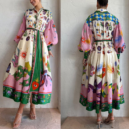 Retro French Palace Pleated Oversized Swing Printed Long Sleeve Loose Dress