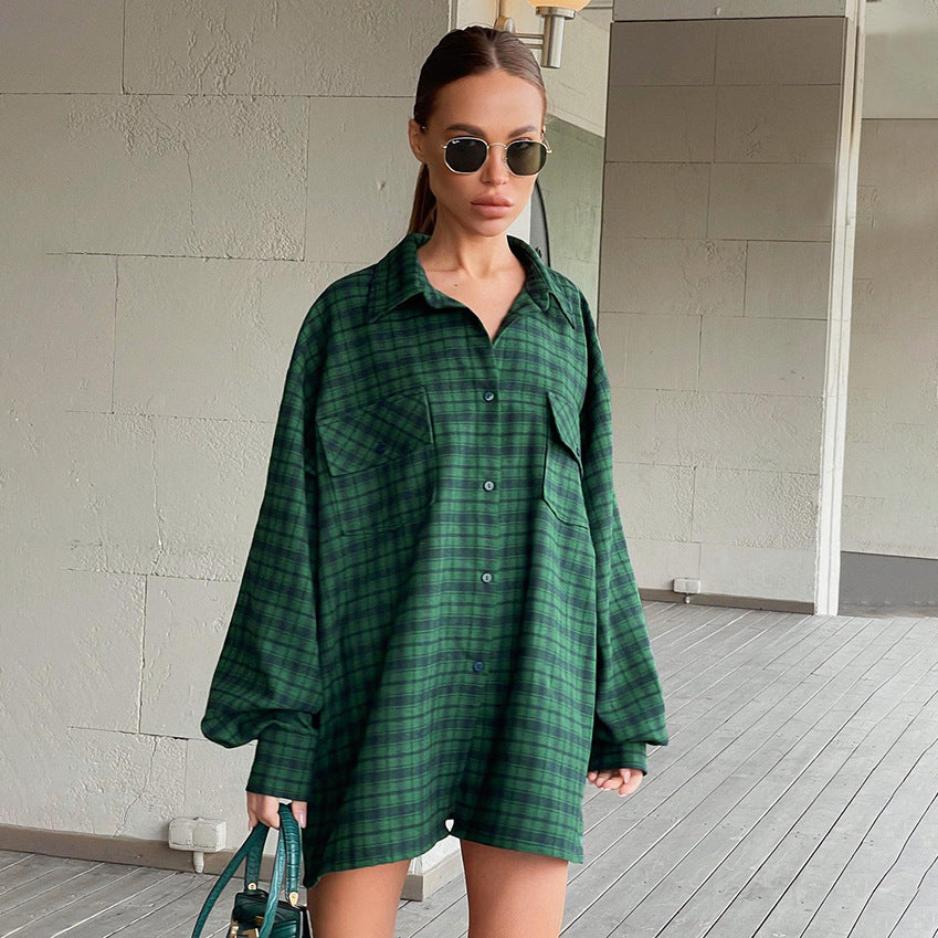 Women Clothing Retro Plaid Shirt Green Boyfriend Mid Length Loose Oversize Shirt