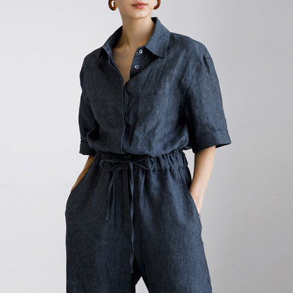 Pure Linen Jumpsuit Niche Design Workwear Short Sleeve Straight Leg Pants Women Loose Slimming Casual Pants