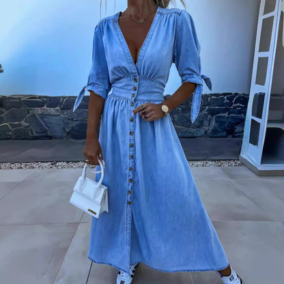 Women Clothing Sexy V Neck Long Button Denim Dress