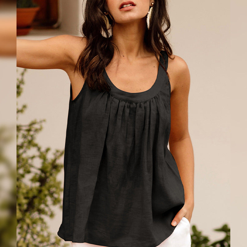 Camisola de cuello redondo de lino puro para mujer, chaleco francés holgado adelgazante sin mangas con hombros descubiertos, Top fino para mujer