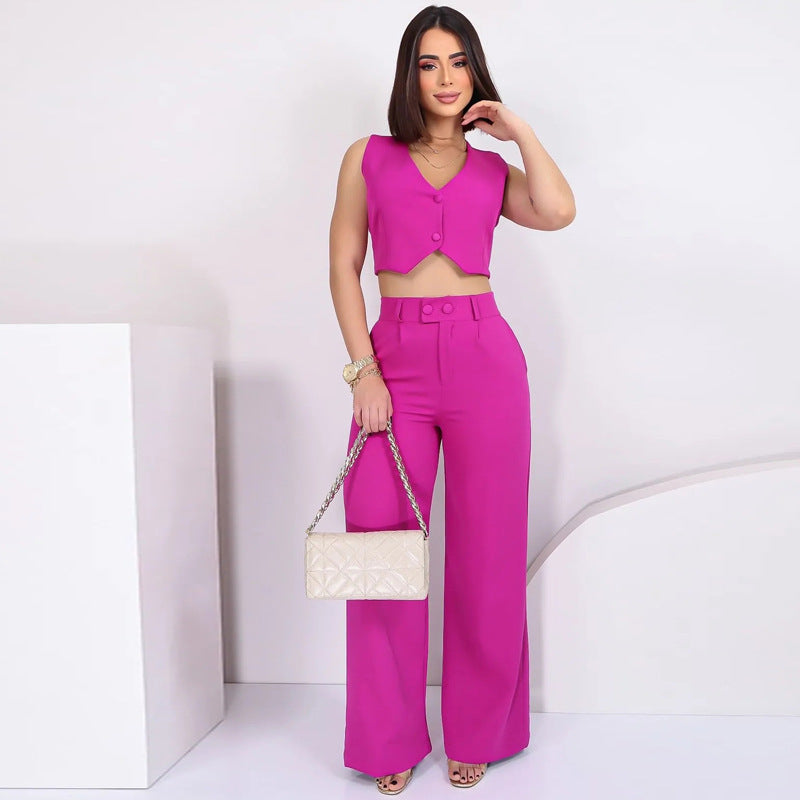 Casual Set Women Solid Color Sleeveless Cropped Women Loose Trousers Two Piece Set