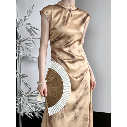 Summer Chinese Cheongsam Improved Pleated Nipped Waist Dress Blooming Jacquard Maxi Dress