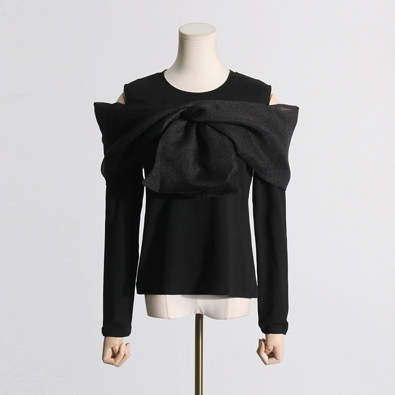 Spring Patchwork Bow Niche Design Black Long Sleeved T shirt Women Sneaky Design off Shoulder Top