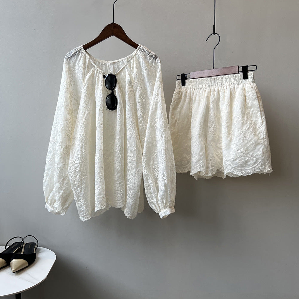 Tencel Embroidery Long Sleeve Set Women Summer Elegant Embroidery Top Shorts Two Piece Set