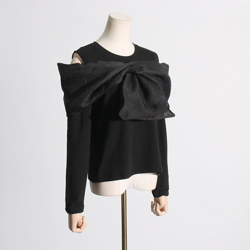 Spring Patchwork Bow Niche Design Black Long Sleeved T shirt Women Sneaky Design off Shoulder Top