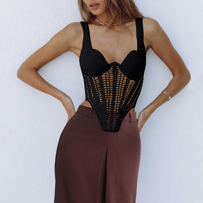 Sexy Easy Matching Sling Top Heavy Industry Woven Low Cut Collar Hollow Out Cutout out See through Boning Corset Vest