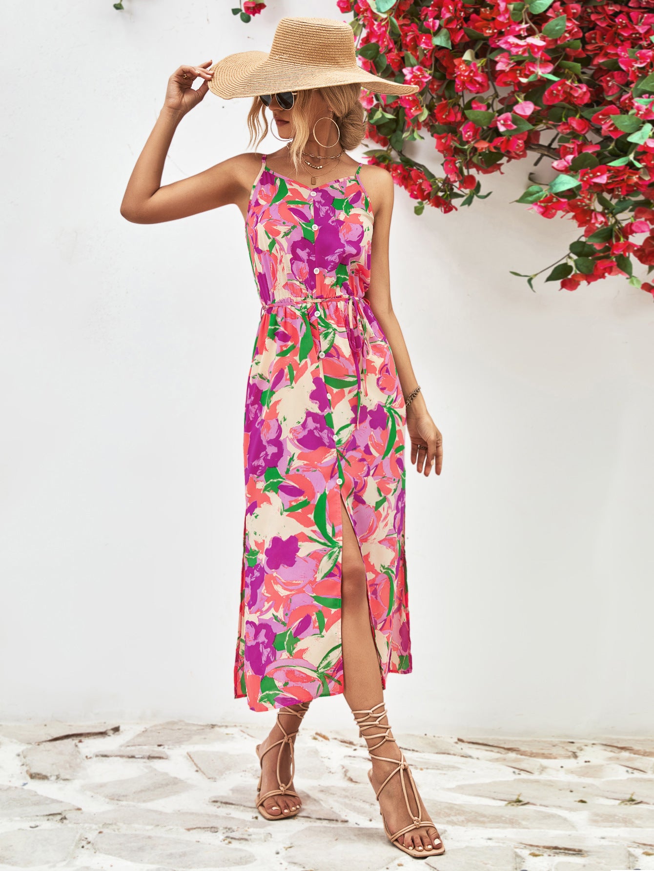 Popular Spaghetti Strap Floral Print Split Dress