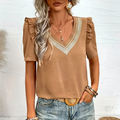 Women Clothing Flying Sleeves V neck Lace Ruffled Short Sleeves Top Women Vacation Ladies Vest Shirt Women T shirt Women