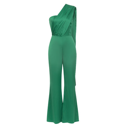 Summer Sexy Pleated Ribbon Tassels Slim Fit Oblique Shoulder Jumpsuit