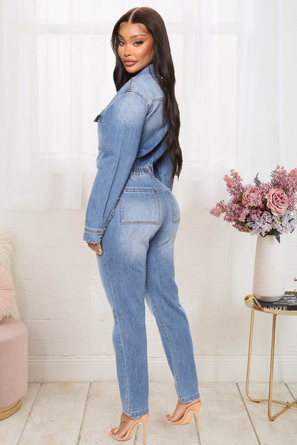 Women Slim Elastic Feet Wash Denim Jumpsuit