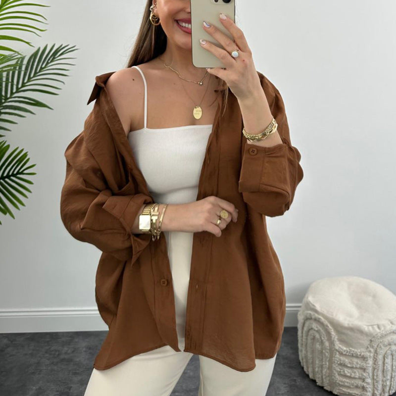Solid Color Spring Autumn Shirt Women Loose Hanging Shoulder Single Breasted Cardigan Long Sleeve Shirt