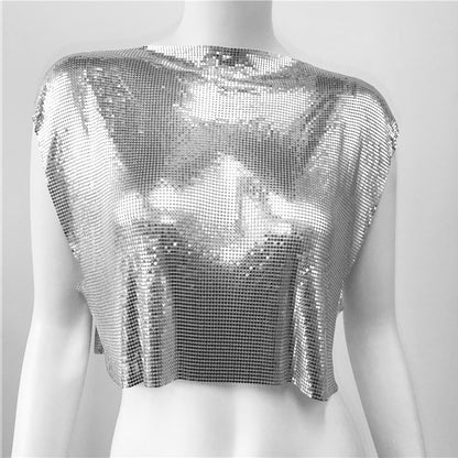 Women Clothing Spring Summer Sequined Metal Top Personality Hipster Punk Vest Music Festival Sequined T Shirt