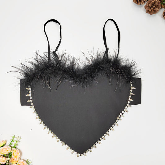 Sexy Heart Shaped Apron Vest Bare Back Beaded Tube Top Loose Strap Stitching Feather Wrapped Chest