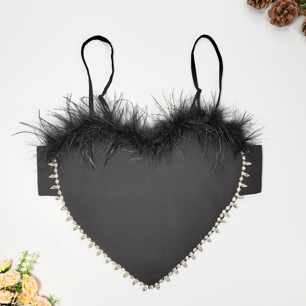 Sexy Heart Shaped Apron Vest Bare Back Beaded Tube Top Loose Strap Stitching Feather Wrapped Chest